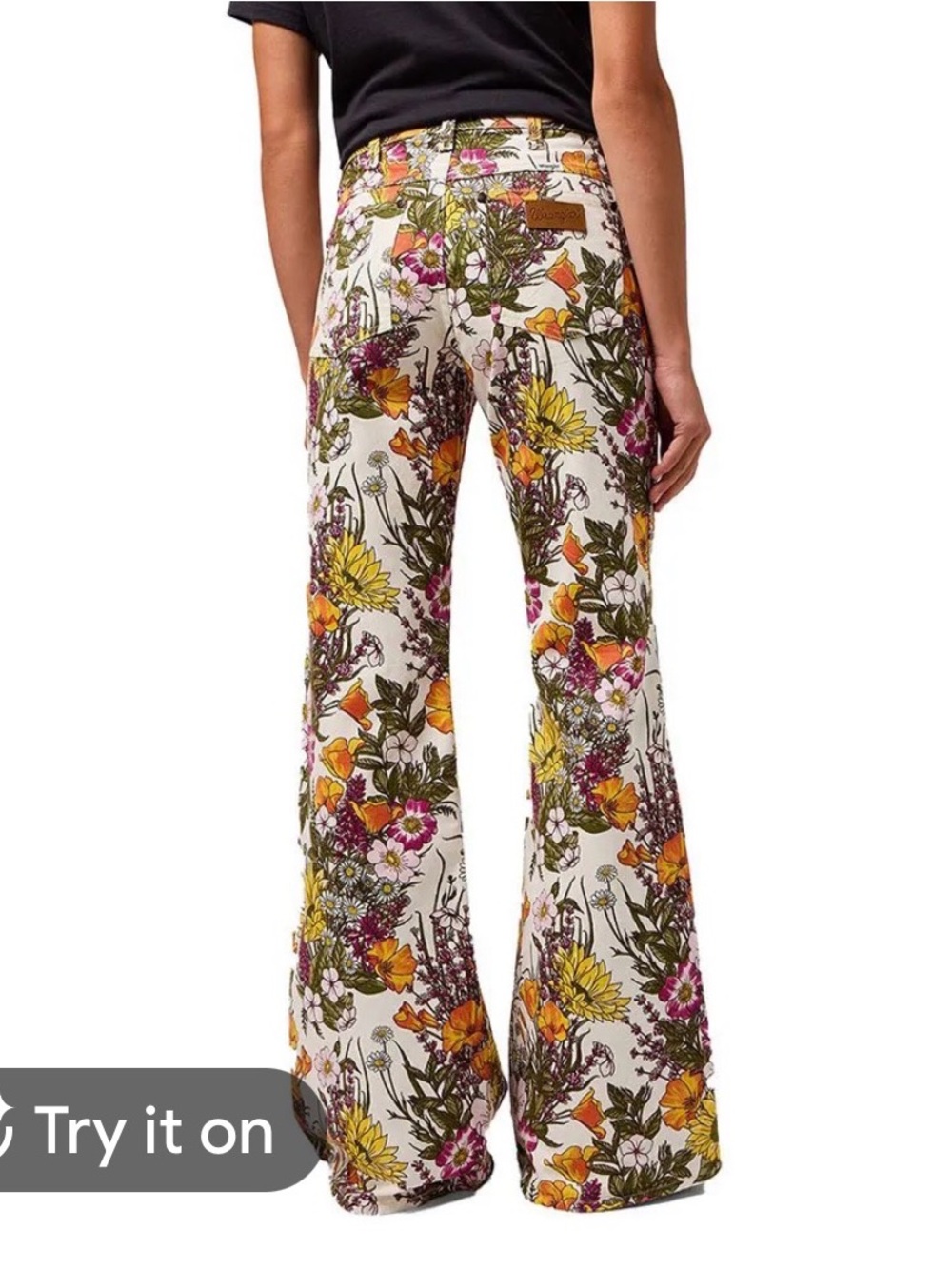 Wrangler X Free People Cream Floral Boot-Cut Pants with Yellow & Pink Blooms